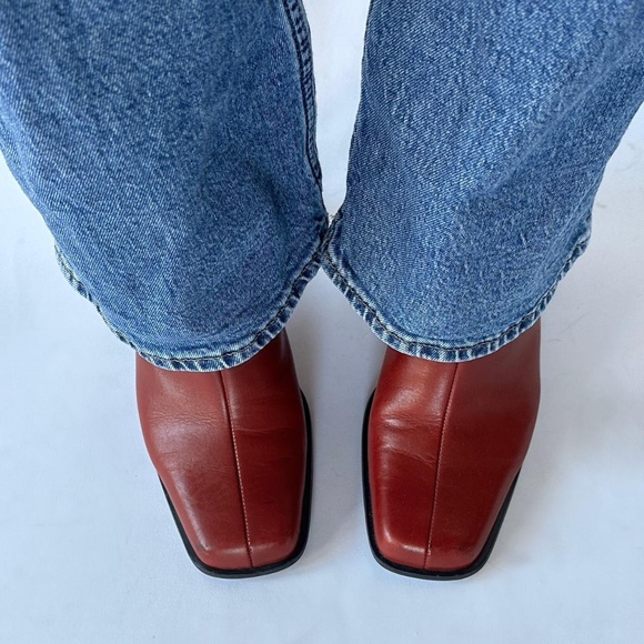 Square Toe Red Leather Ankle Boots Size 10 - Picture 1 of 5